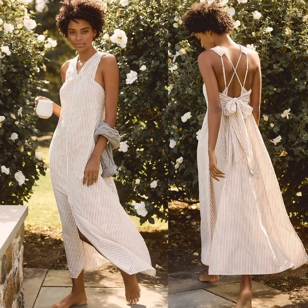 By Anthropologie Sleeveless Bow-Back Maxi Dress SIZE S new ivory stripes new nwt - Picture 1 of 7